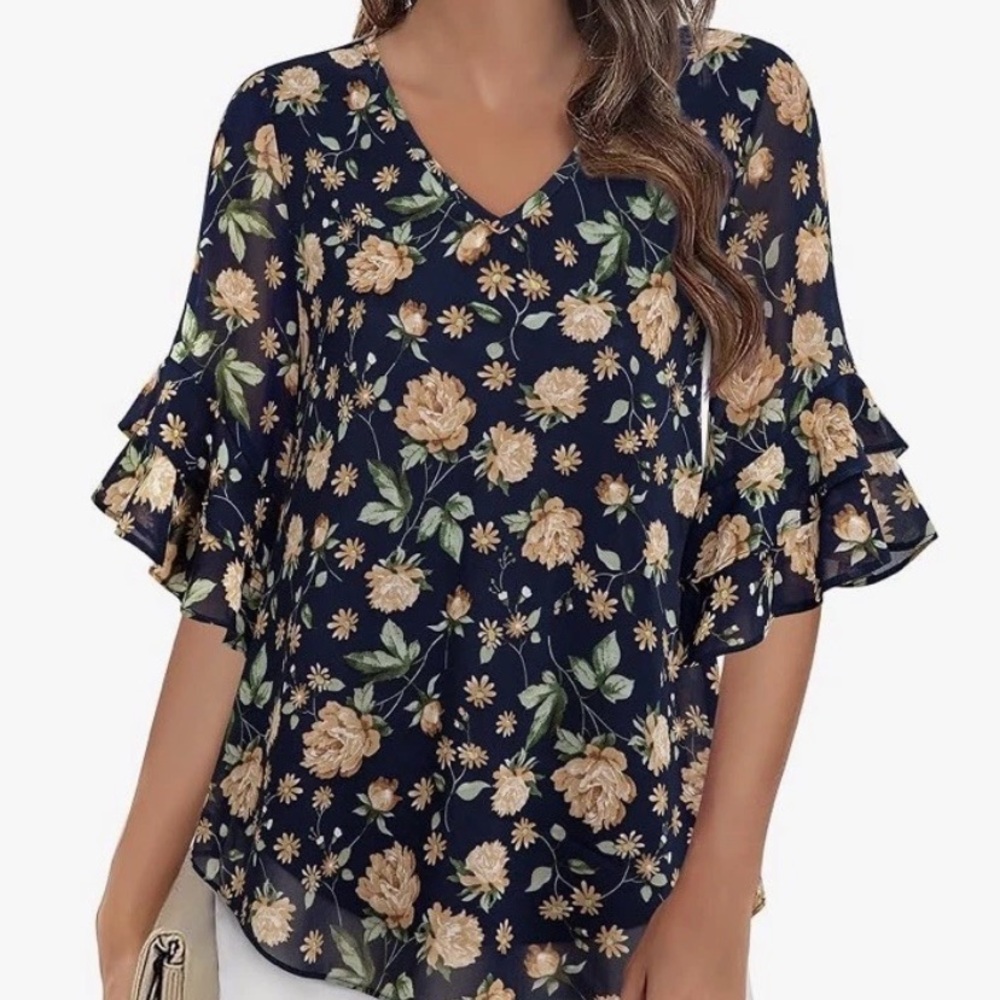 Navy Floral V-Neck Ruffle Sleeve Blouse